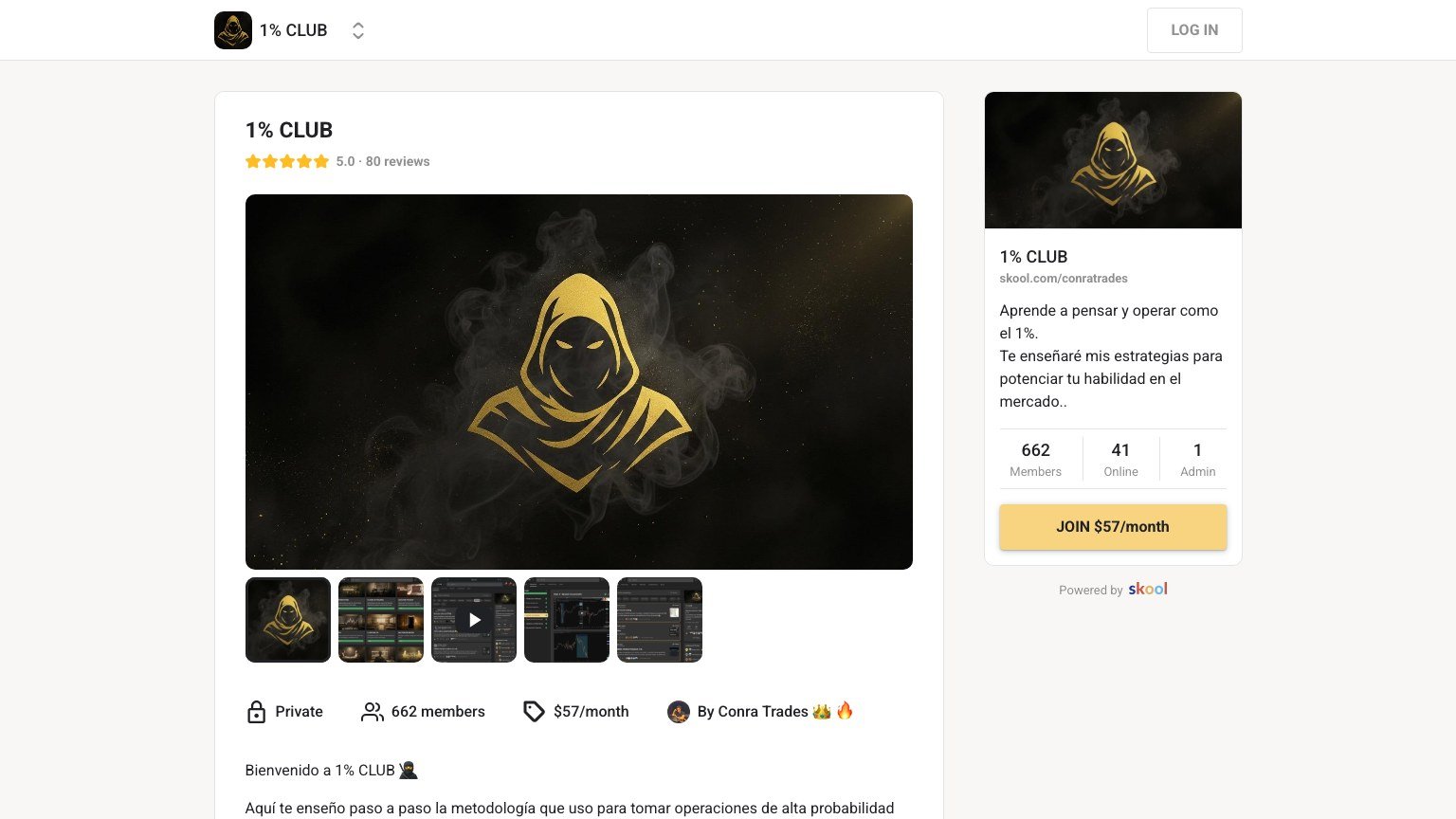 The 1% CLUB About page on Skool showing the $57 monthly join button