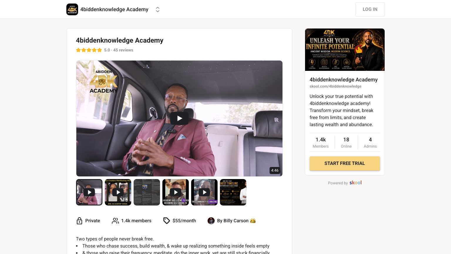 The 4biddenknowledge Academy About page on Skool showing 1,458 members and a $55 monthly price