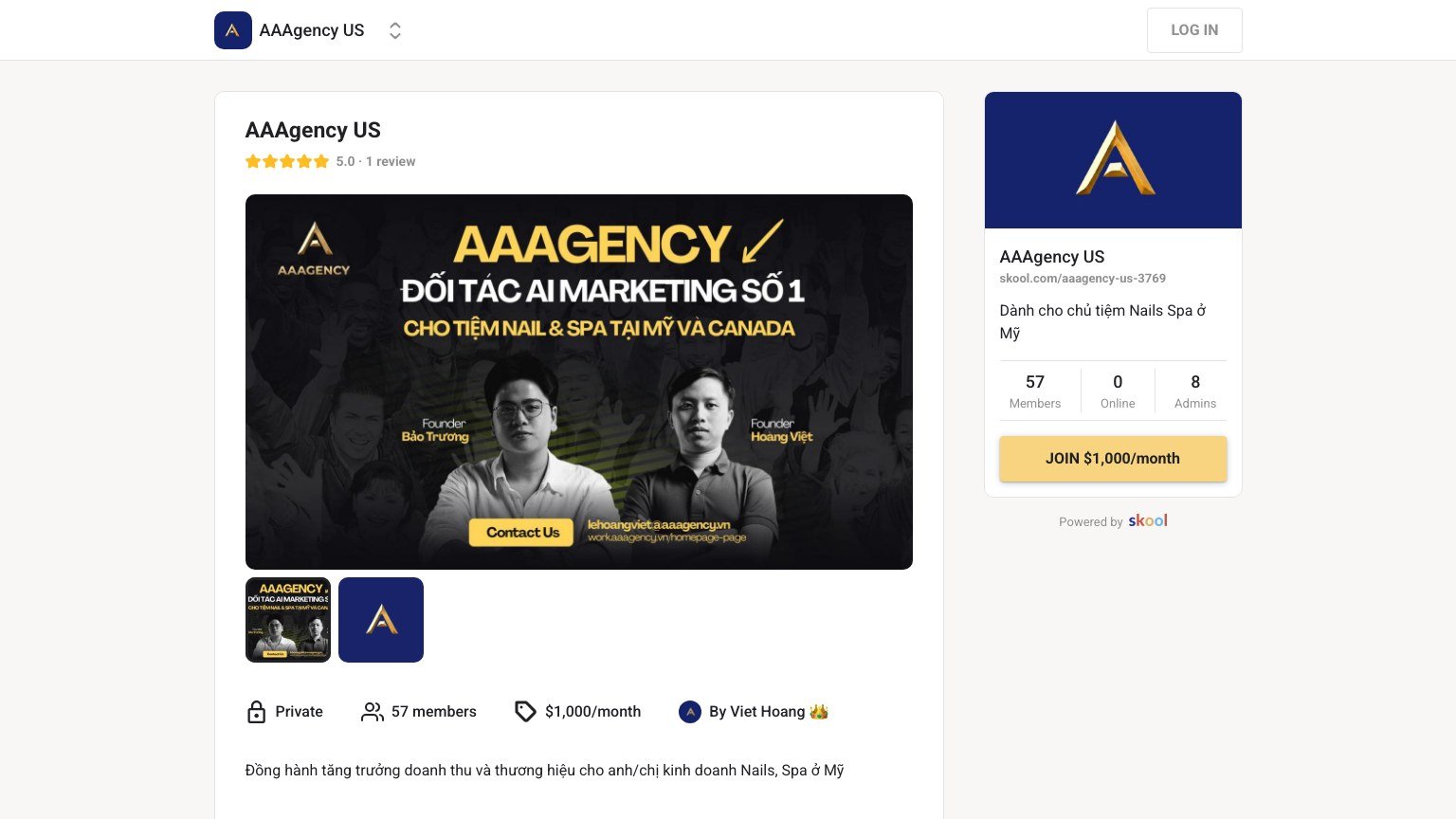 The AAAgency US About page on Skool showing the $1,000 monthly join button