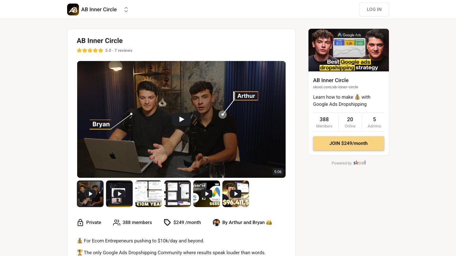 The AB Inner Circle About page on Skool showing the $249 monthly join button