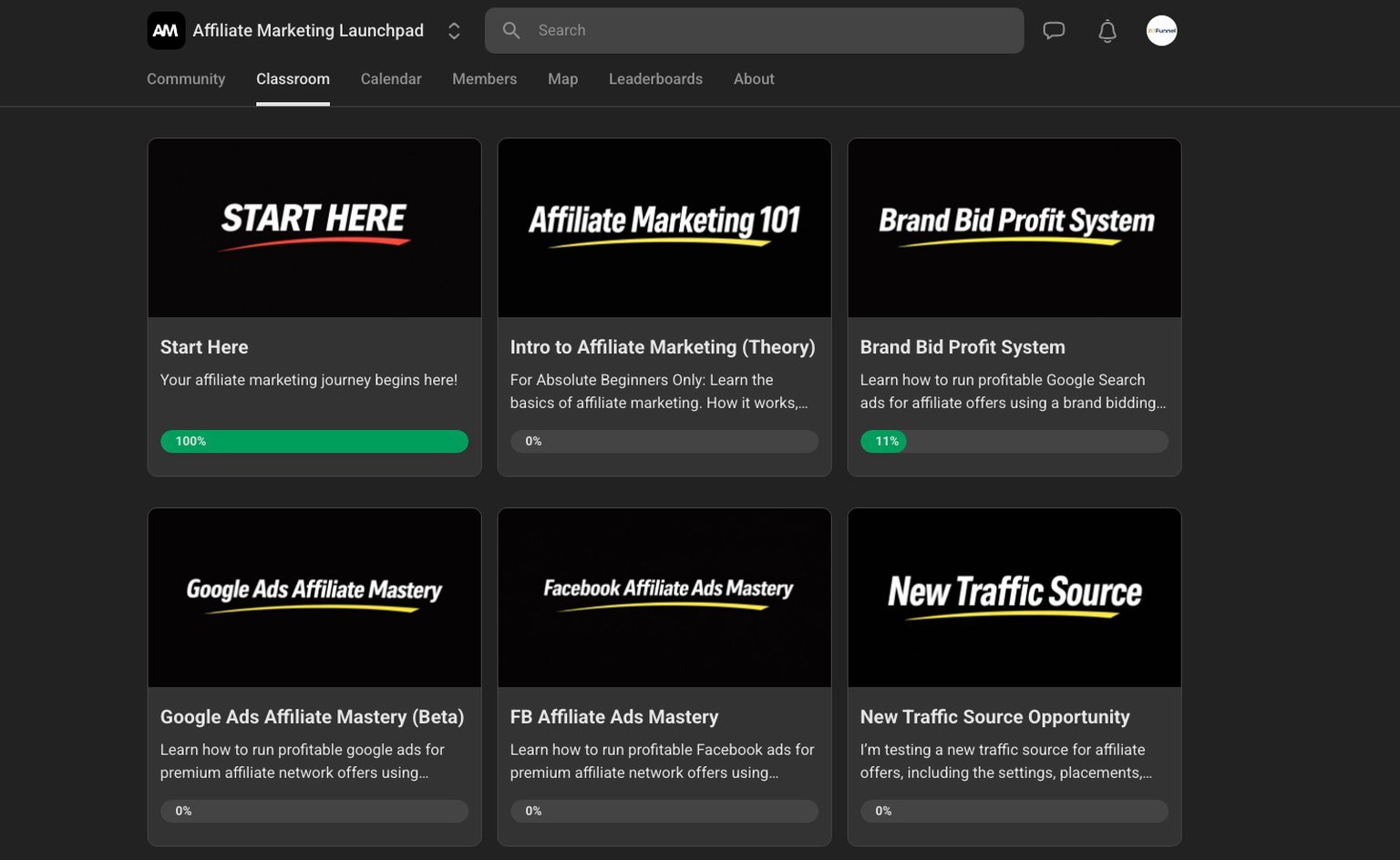 Classroom modules including Start Here, Affiliate Marketing 101 and Brand Bid Profit System