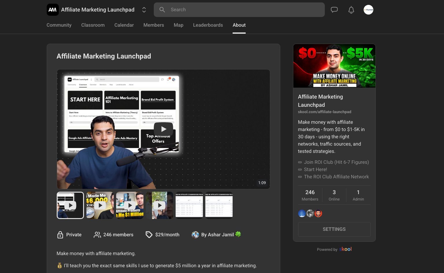 Affiliate Marketing Launchpad Skool about page showing 246 members and the $29 per month price