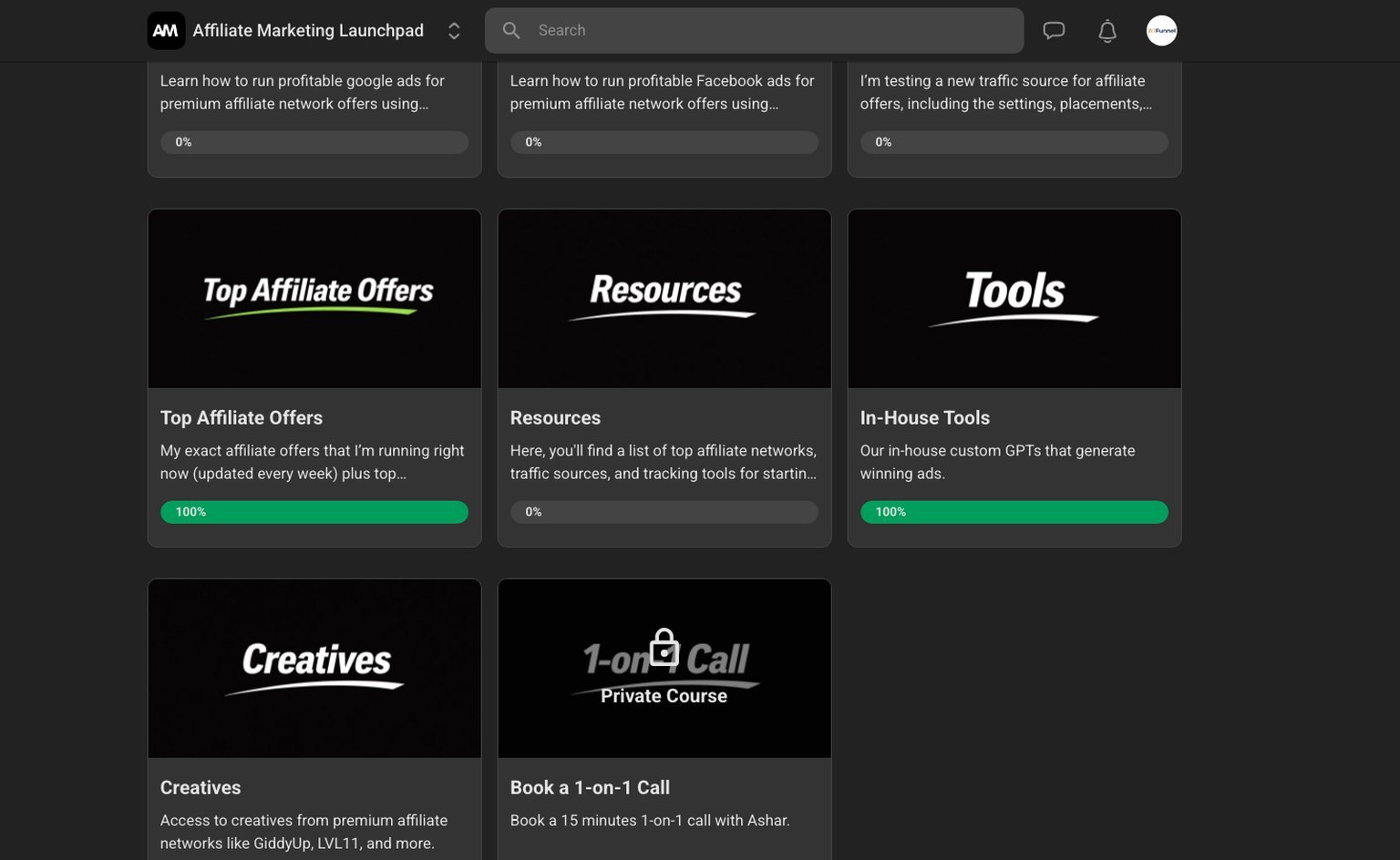 Lower classroom modules including Top Affiliate Offers, Resources, In-House Tools and Creatives