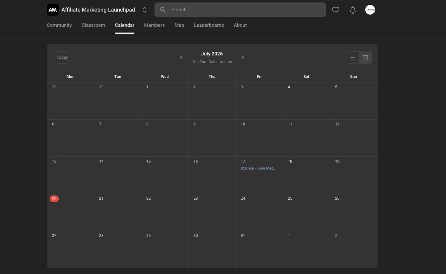 Affiliate Marketing Launchpad Skool calendar showing one scheduled event in July 2026