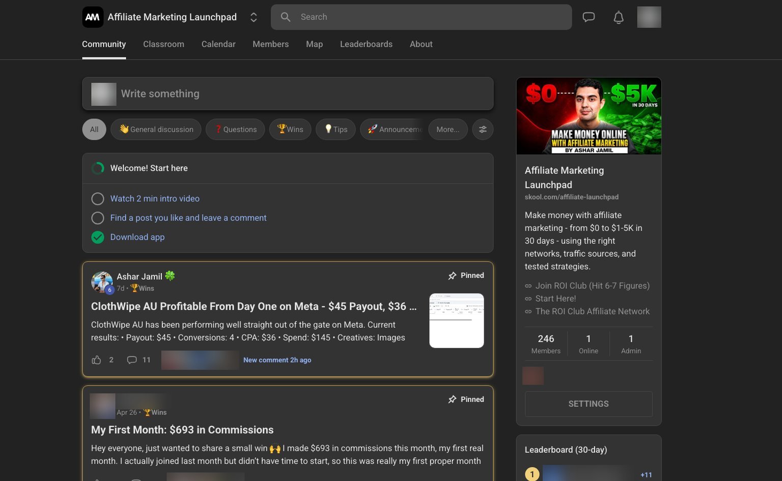 Affiliate Marketing Launchpad community feed showing pinned member win posts with names blurred