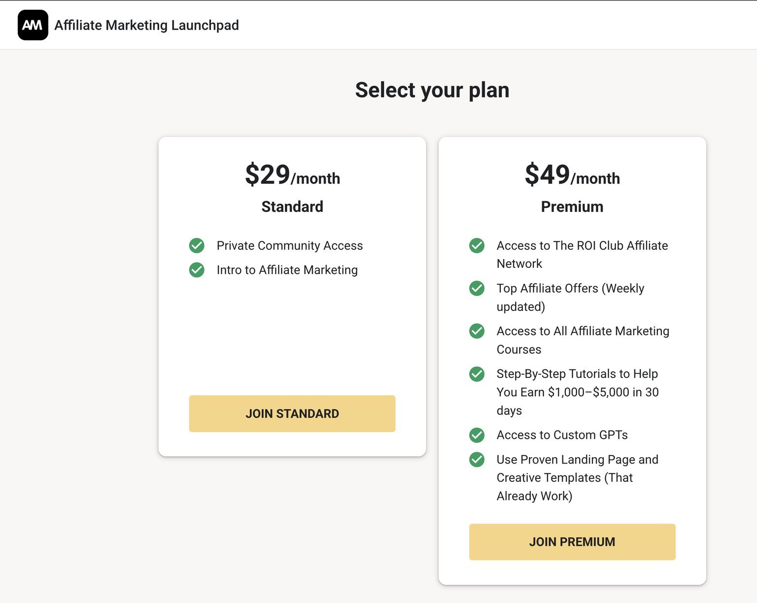 Affiliate Marketing Launchpad pricing showing the $29 Standard and $49 Premium plans