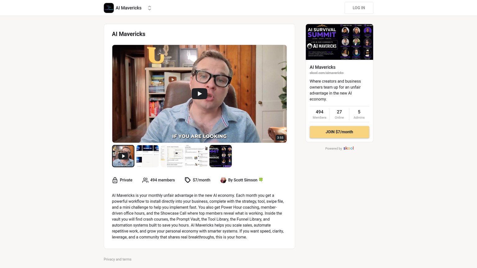 AI Mavericks Skool about page showing 494 members and $7 per month price