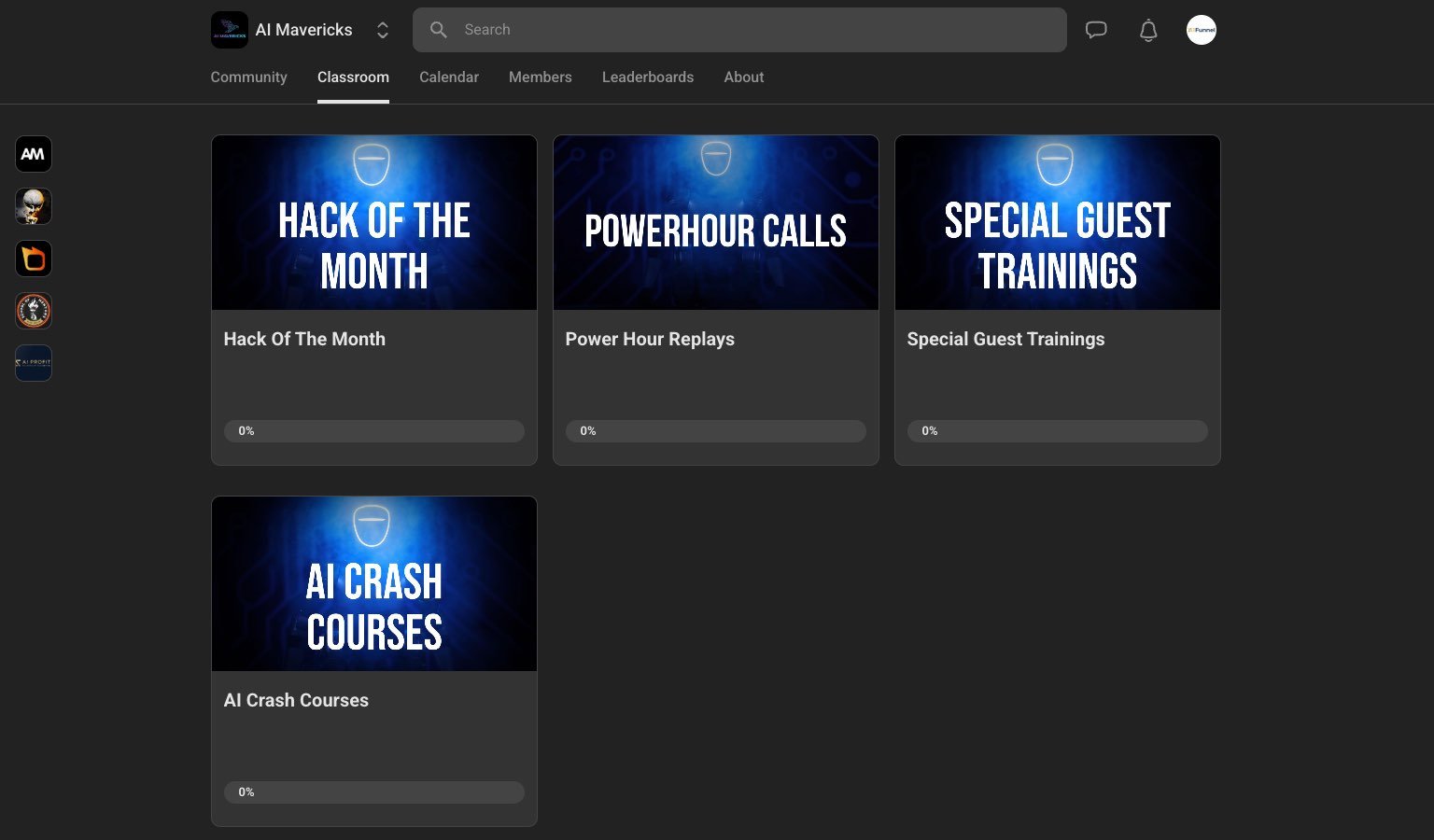 AI Mavericks classroom with Hack of the Month, Power Hour, Special Guest Trainings and AI Crash Courses tracks