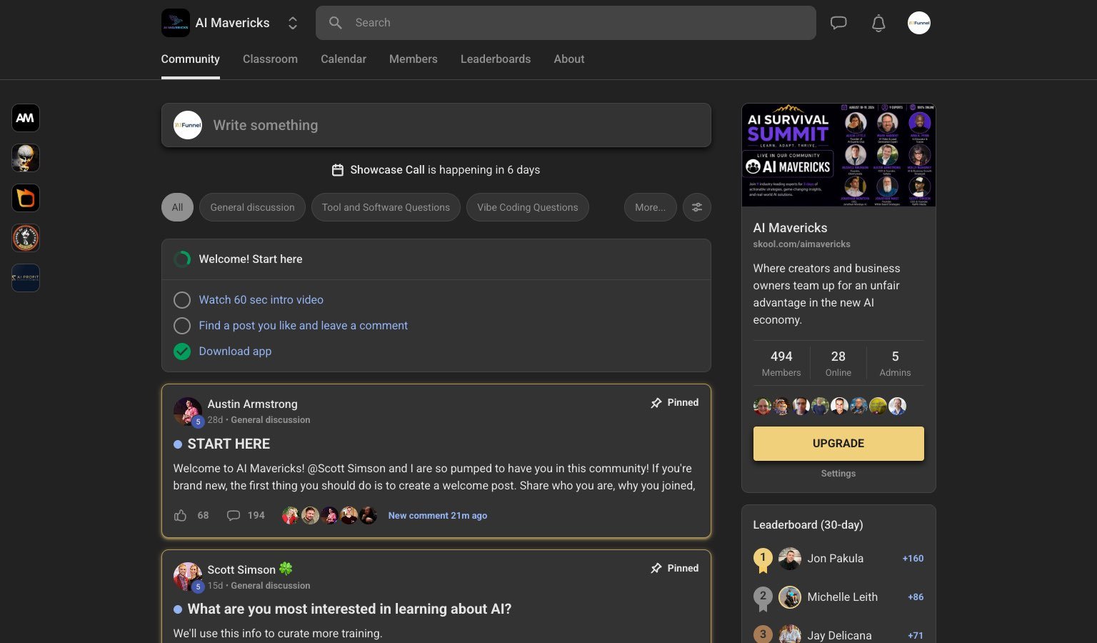 AI Mavericks community feed showing pinned posts, categories and 30-day leaderboard