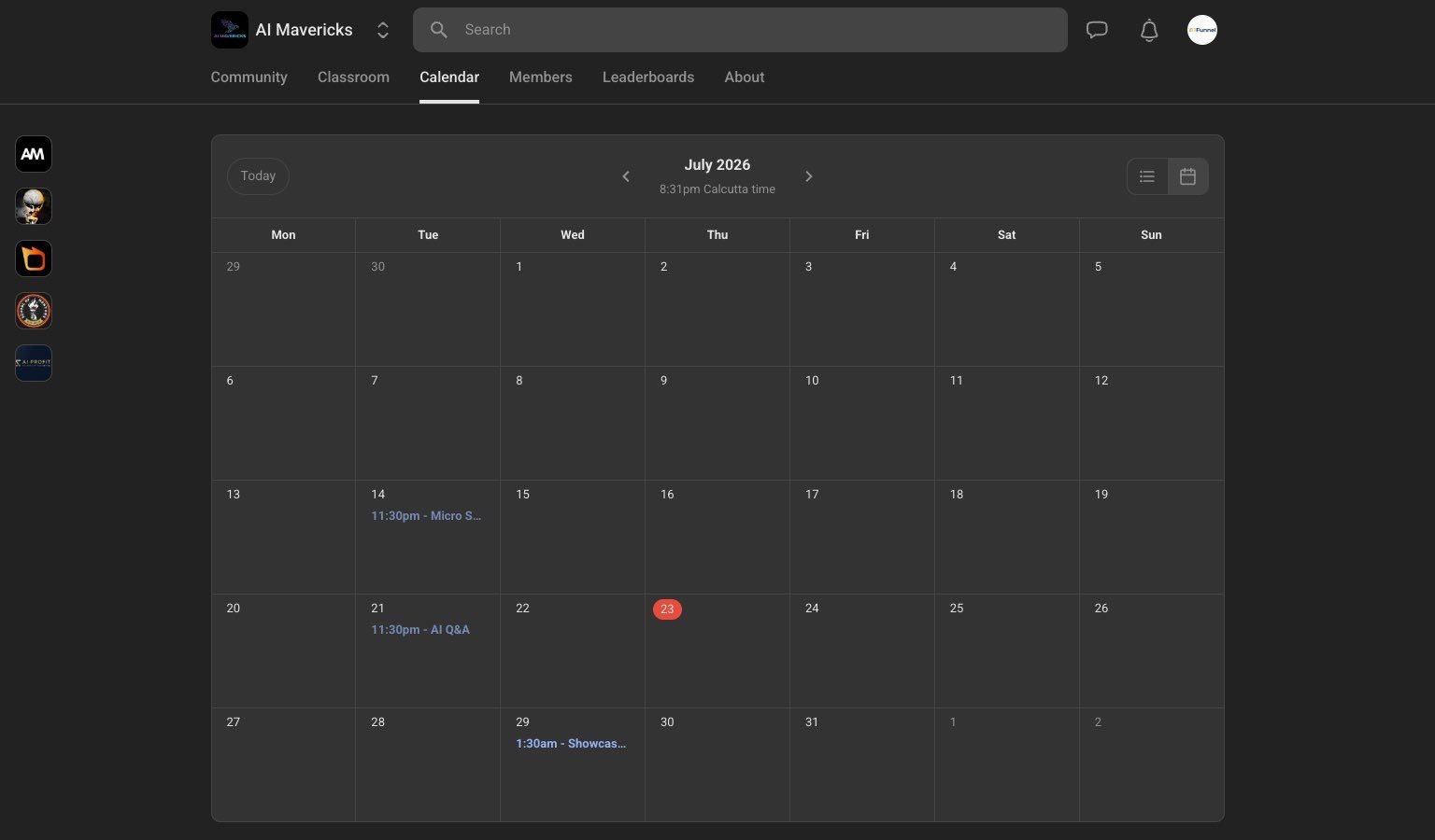 AI Mavericks live call calendar showing scheduled Power Hour, AI Q&A and Showcase calls