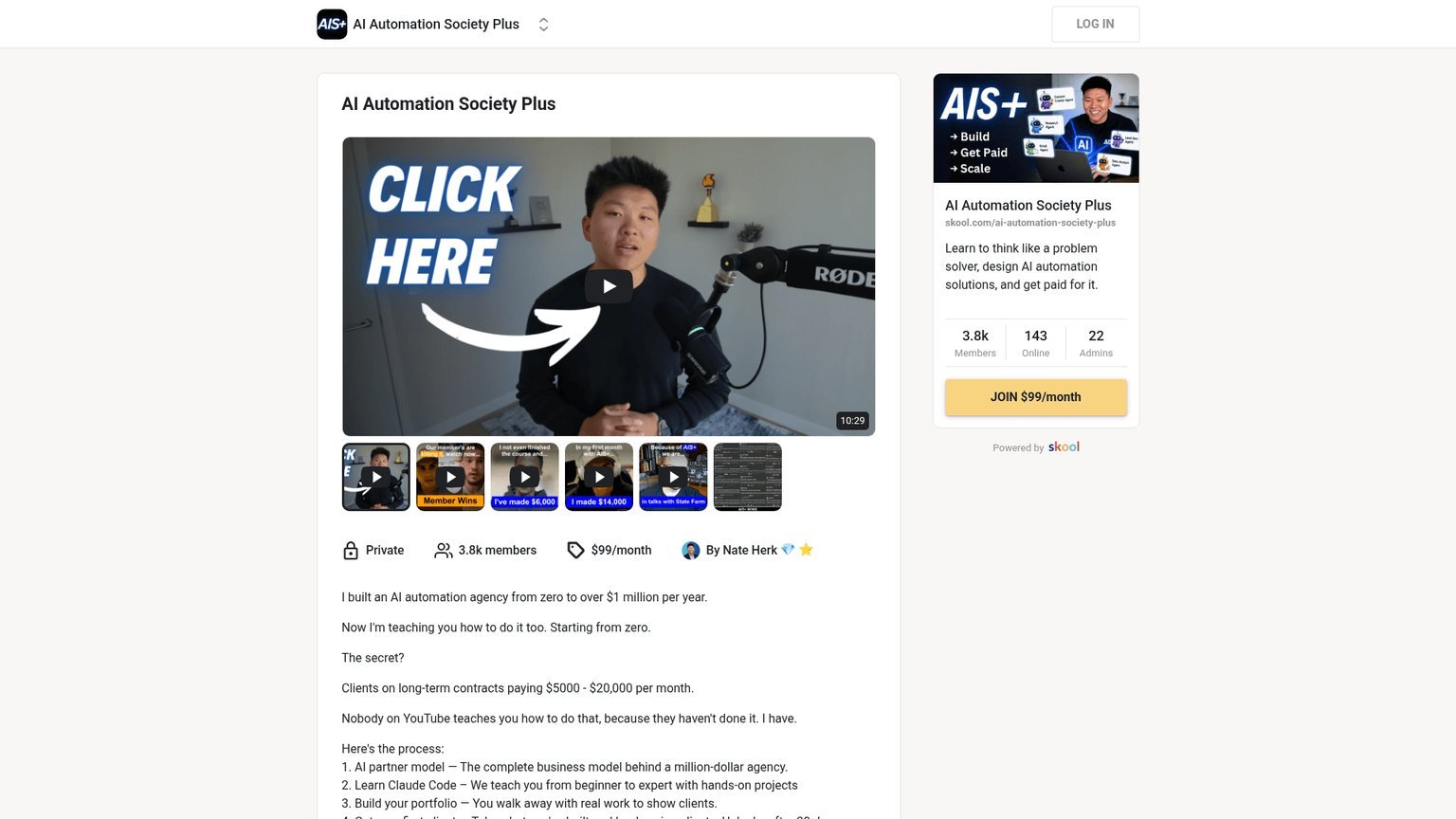 AI Automation Society Plus Skool community page, a $99/month competitor to AI Profit Boardroom