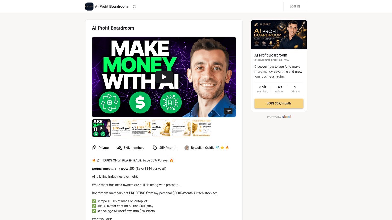 AI Profit Boardroom Skool about page showing 3.9k members, $59/month pricing and the member offer