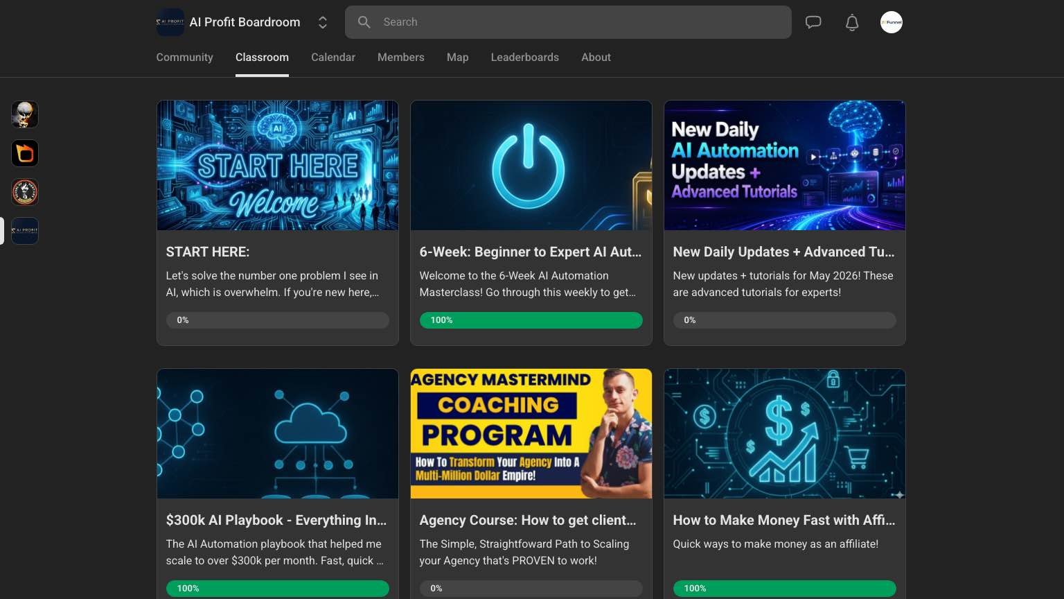 AI Profit Boardroom classroom overview showing the Start Here module, 6-week masterclass and $300k AI Playbook courses