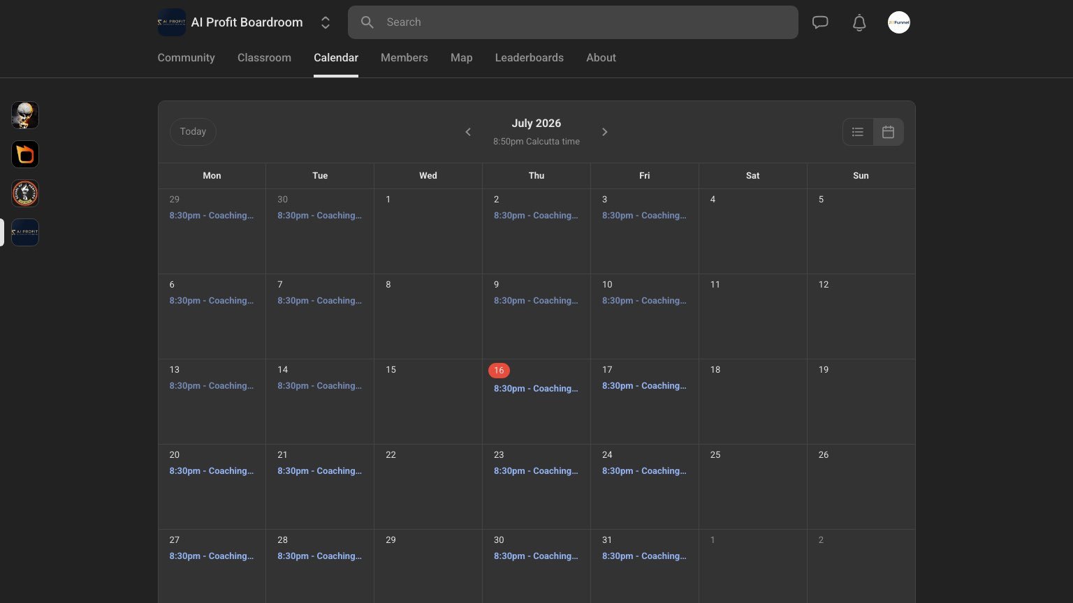 AI Profit Boardroom live call calendar showing four coaching calls per week