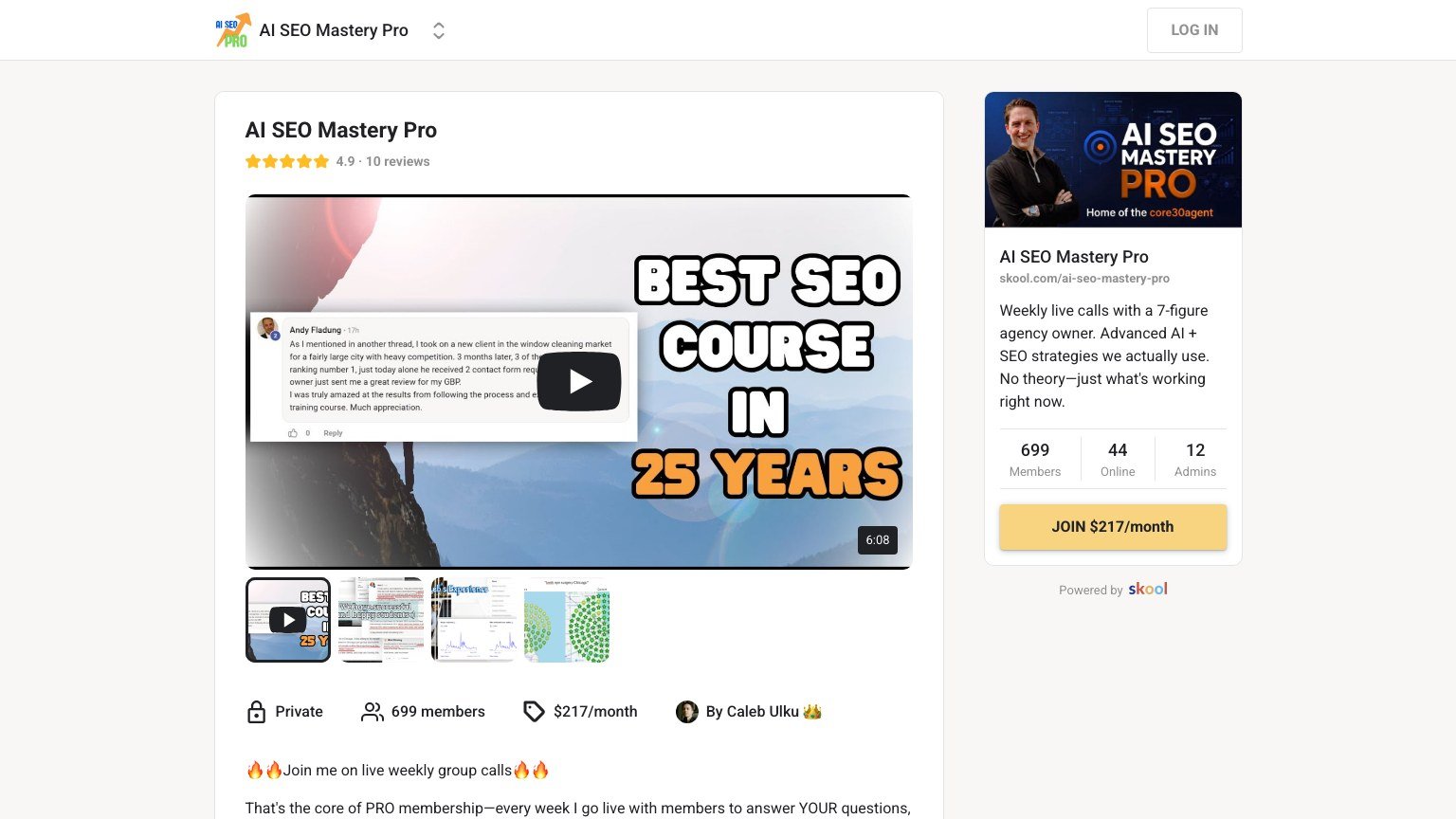 The AI SEO Mastery Pro About page on Skool showing price, member count and founder