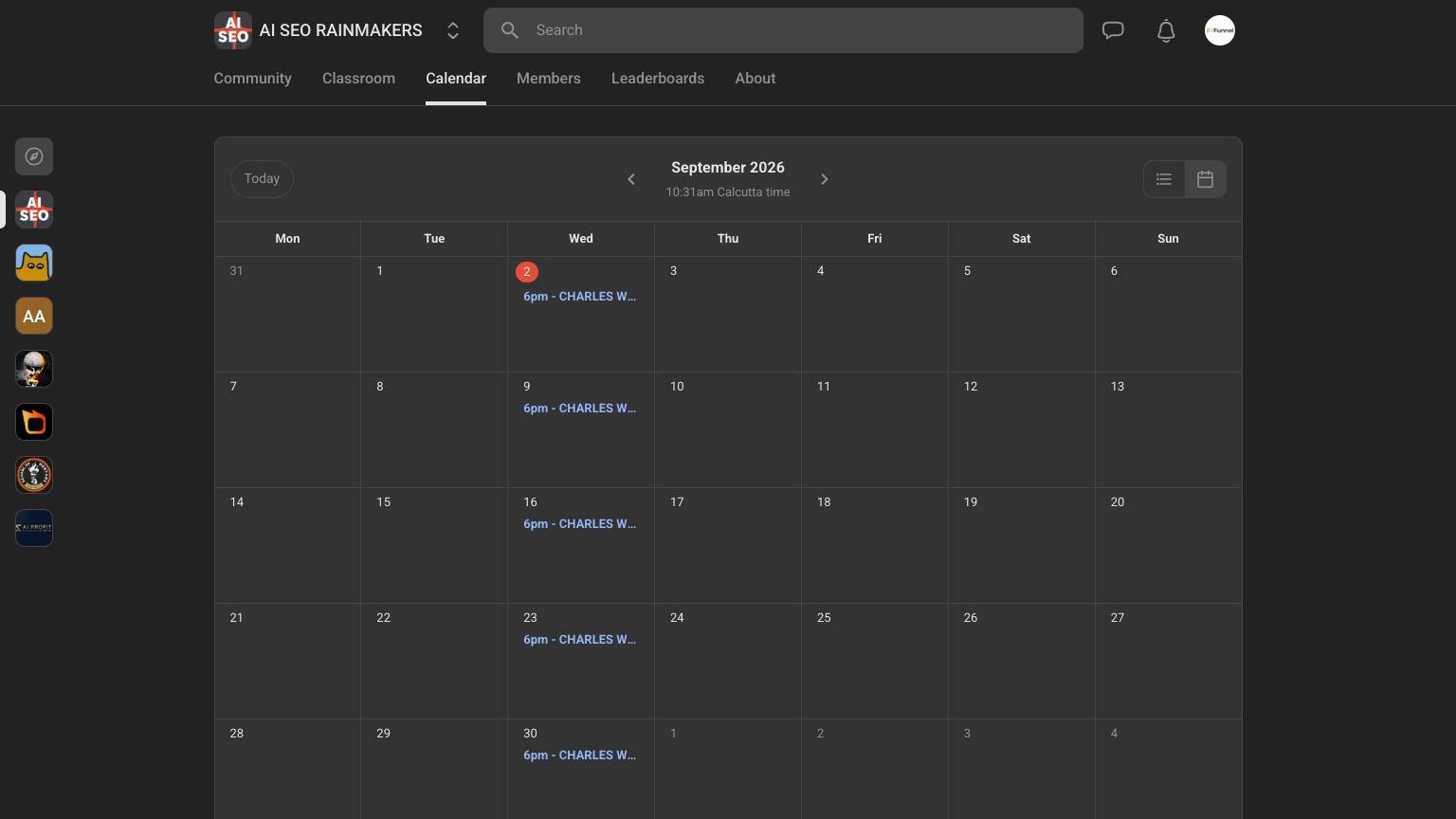 AI SEO Rainmakers calendar showing the weekly Wednesday live AI SEO Q&A calls