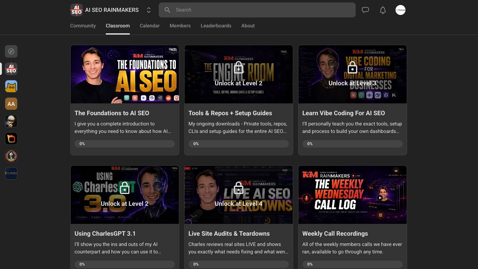 AI SEO Rainmakers classroom on day one, showing courses locked behind engagement levels