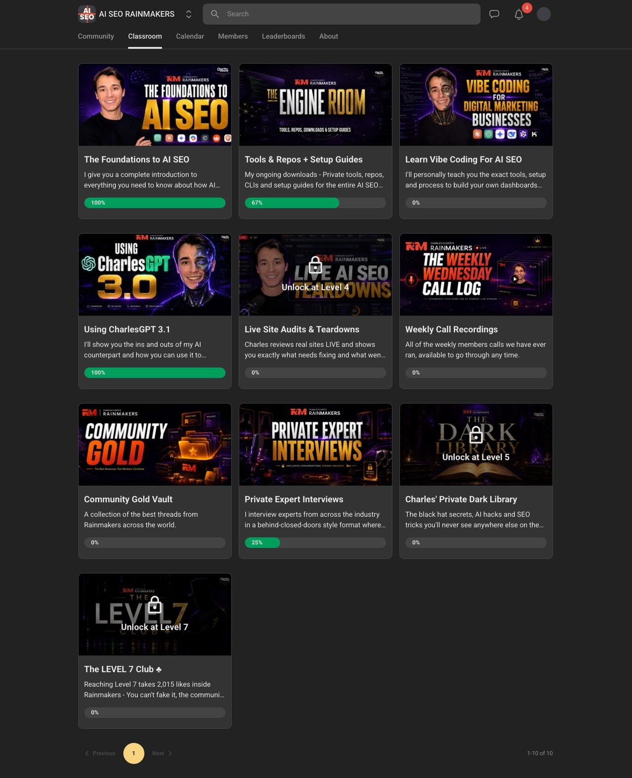 AI SEO Rainmakers classroom with seven of ten courses unlocked and three still showing level padlocks
