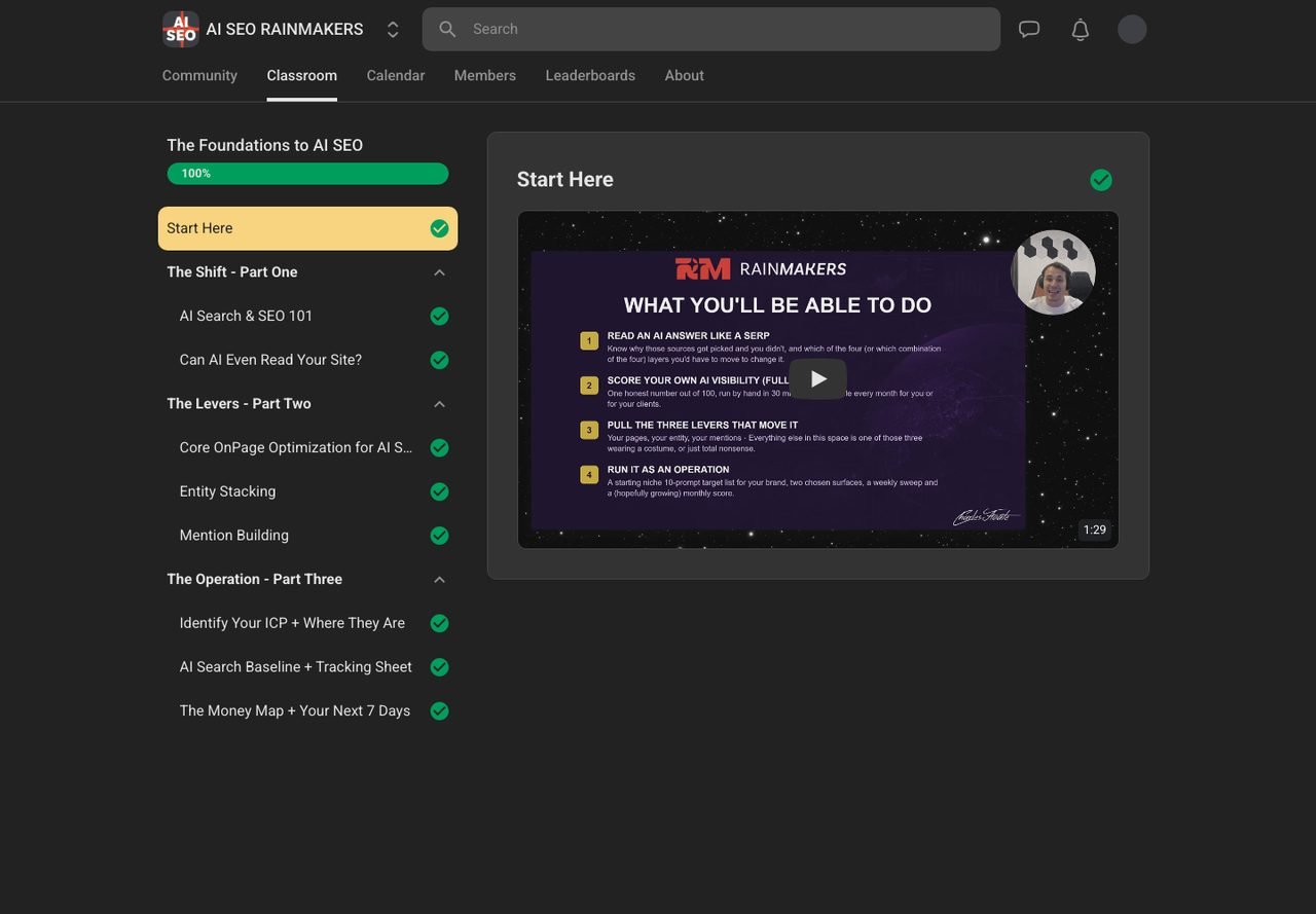 The Foundations to AI SEO course expanded, showing nine lessons grouped into The Shift, The Levers and The Operation