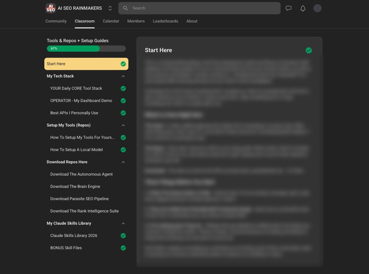 Tools and Repos course sidebar listing the tech stack, setup guides, four downloadable repos and the Claude Skills Library