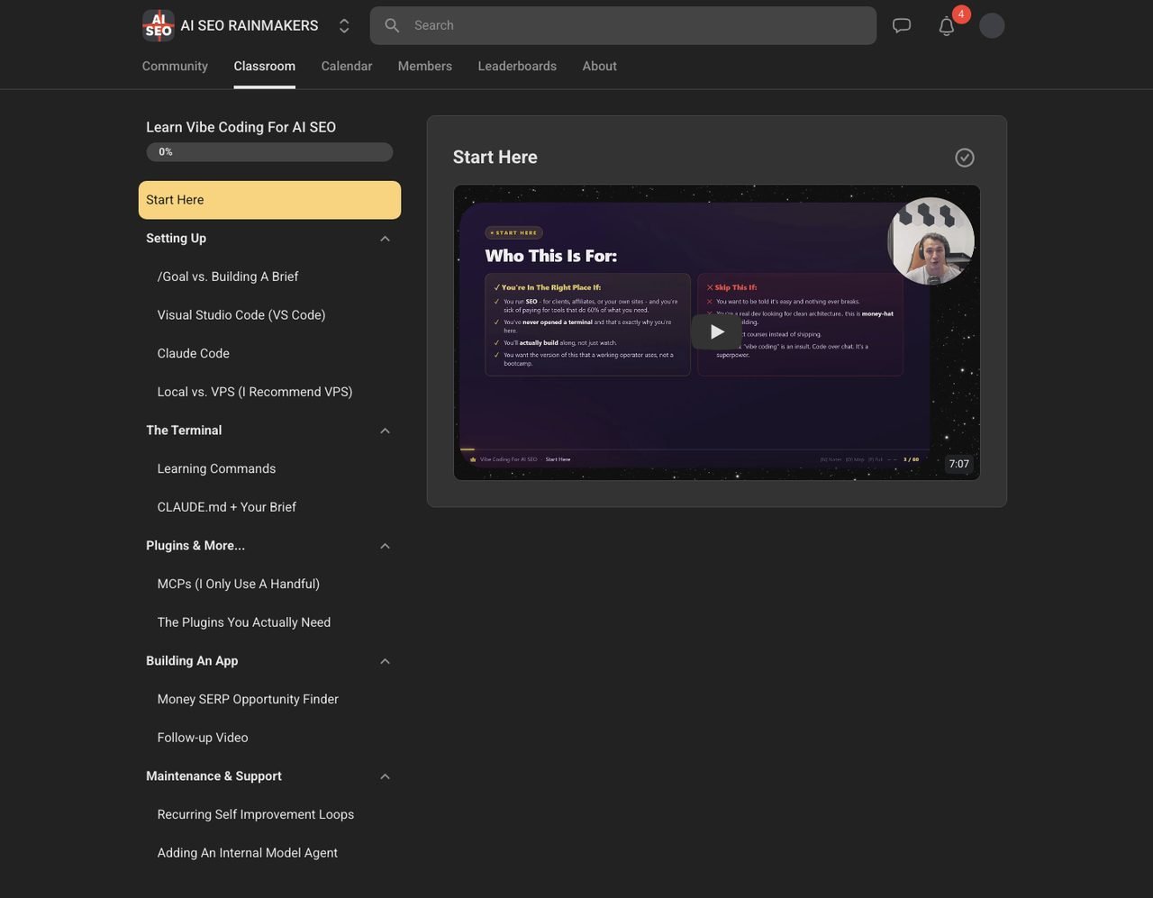 Learn Vibe Coding For AI SEO course with thirteen lessons grouped into Setting Up, The Terminal, Plugins, Building An App and Maintenance
