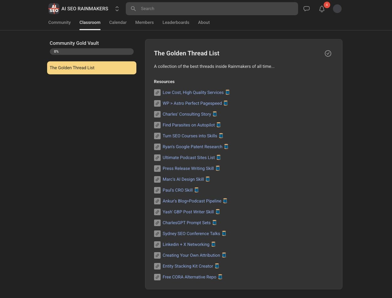 Community Gold Vault showing the Golden Thread List of eighteen curated member threads