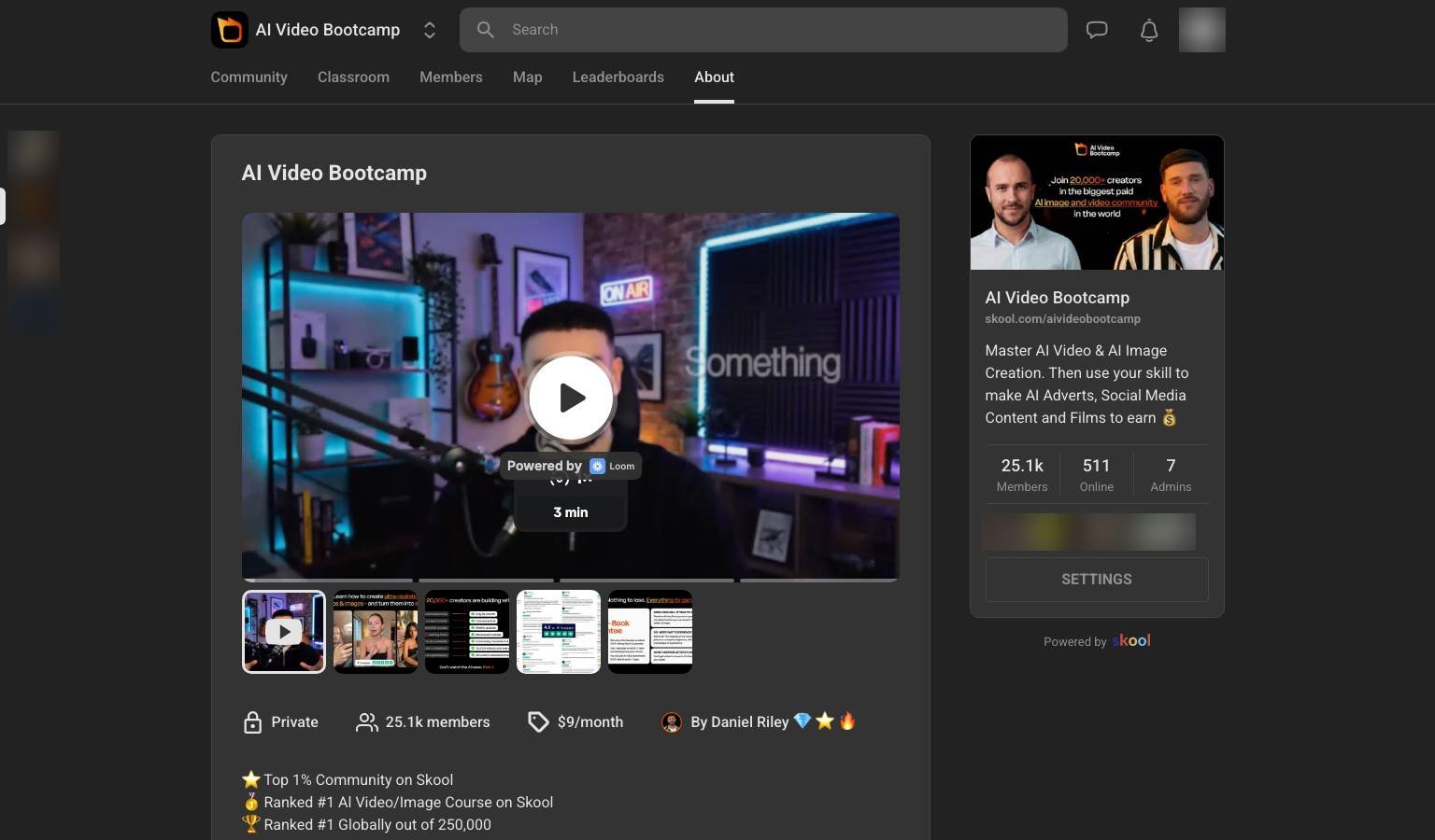 AI Video Bootcamp Skool about page showing 25.1k members, $9/month pricing and Top 1% community badges
