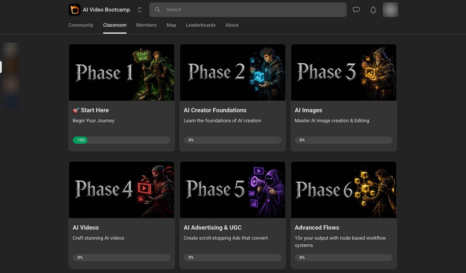 AI Video Bootcamp classroom showing the 9-phase curriculum from Start Here through AI Images and AI Videos