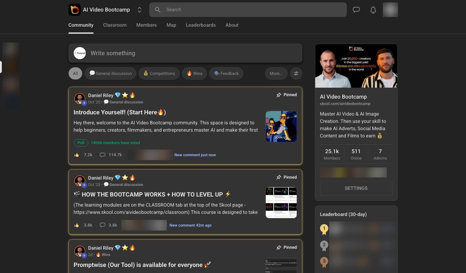 AI Video Bootcamp community feed with pinned posts, the $700 Colour Clash challenge and active member discussions