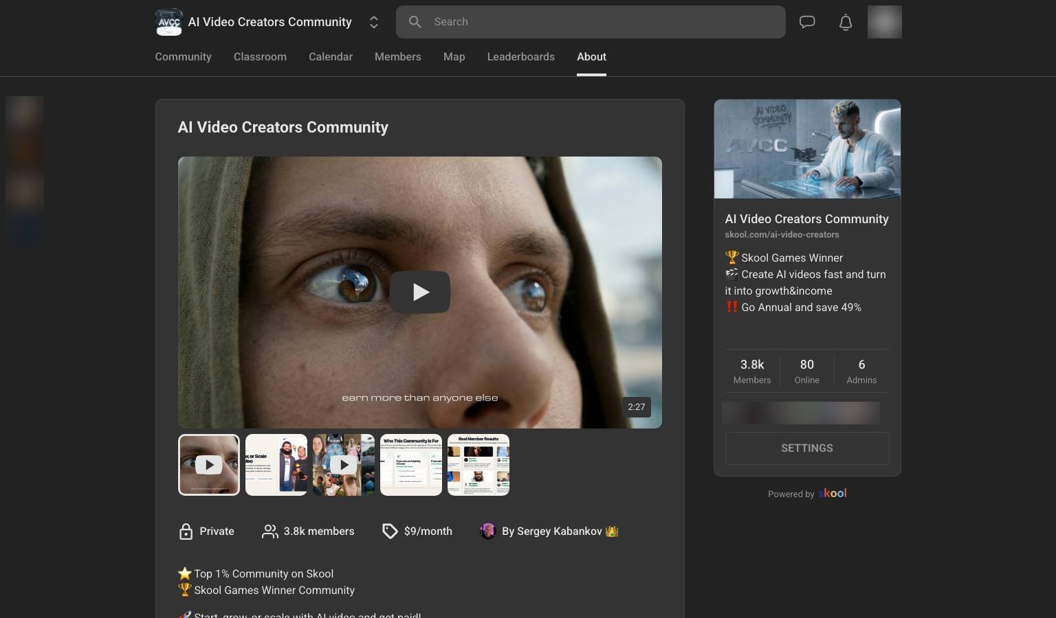 AI Video Creators Community Skool about page showing 3.8k members, $9/month pricing and Skool Games Winner badge
