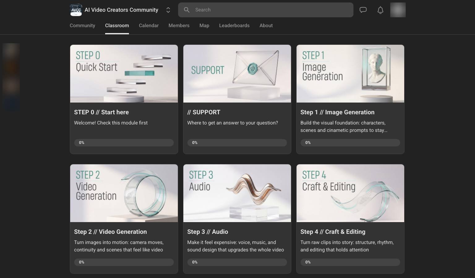 AI Video Creators Community classroom showing the 7-step roadmap from Start Here through Image Generation, Video Generation, Audio and Craft & Editing