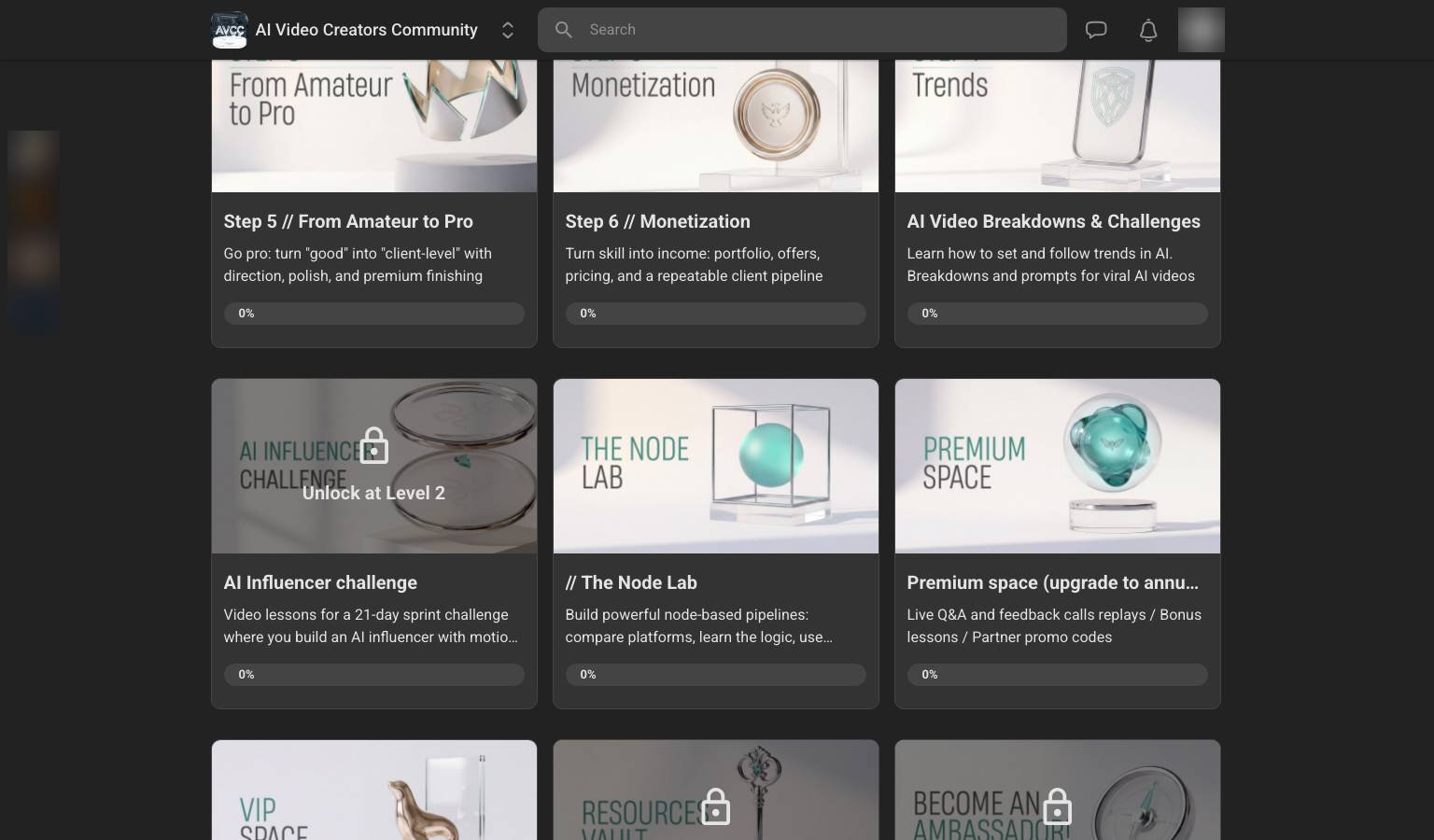 AI Video Creators Community classroom sections including the AI Influencer Challenge, Node Lab, Resources Vault and level-unlock rewards