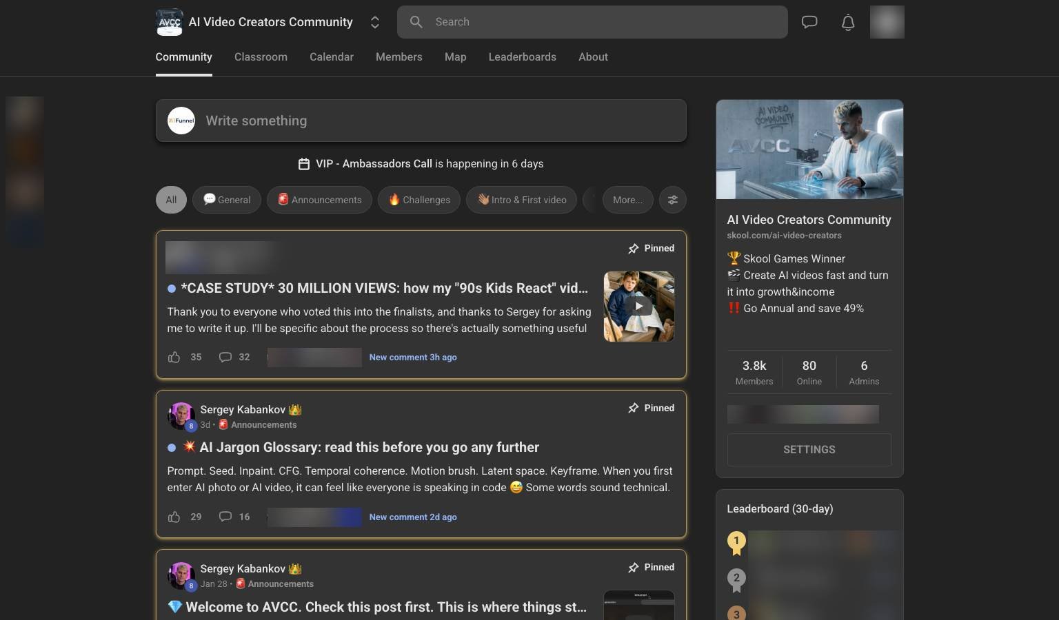 AI Video Creators Community feed showing the pinned 30-million-view case study, the AI jargon glossary announcement and homework posts