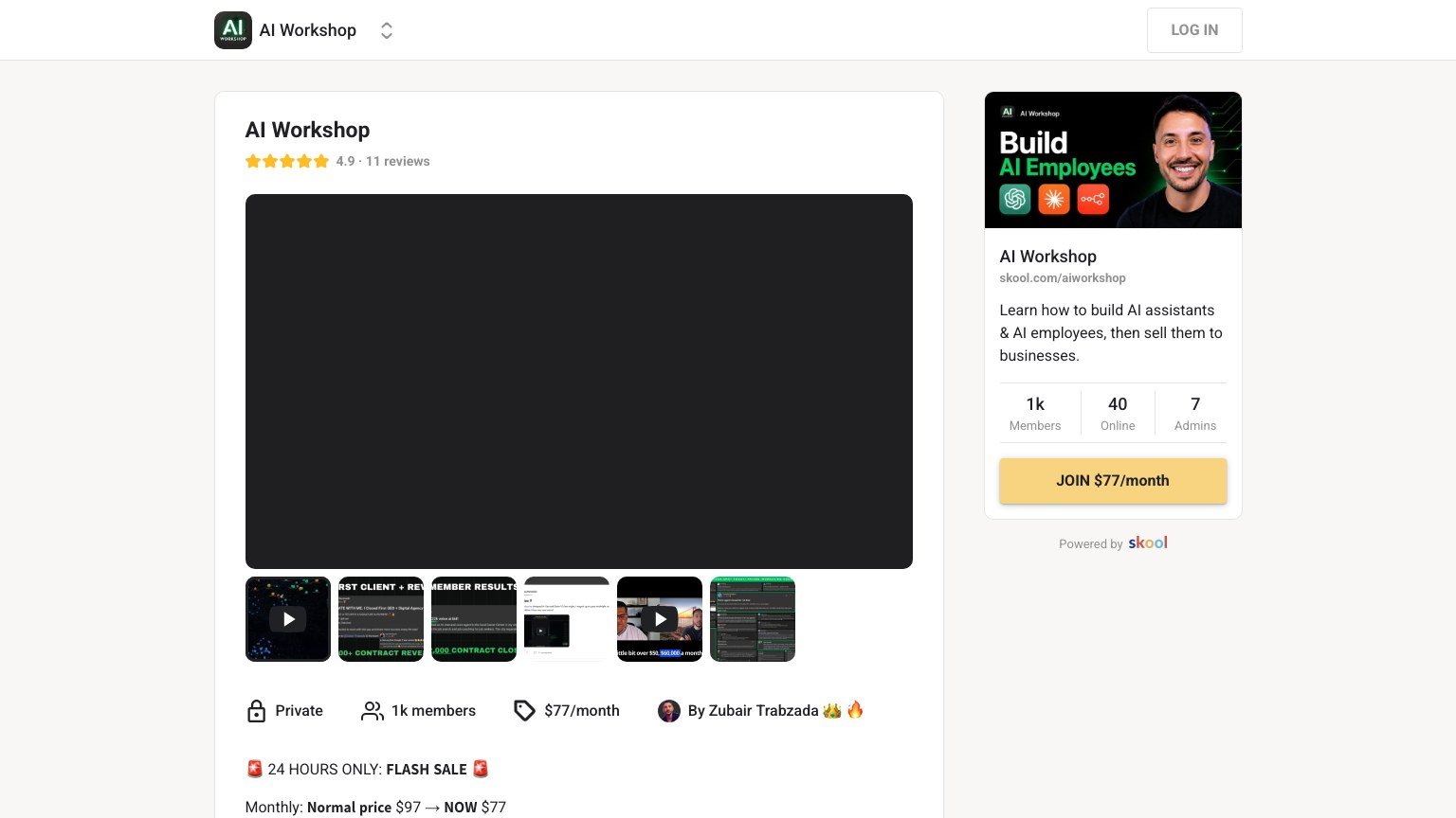 The AI Workshop About page on Skool showing the flash sale banner, price and member count