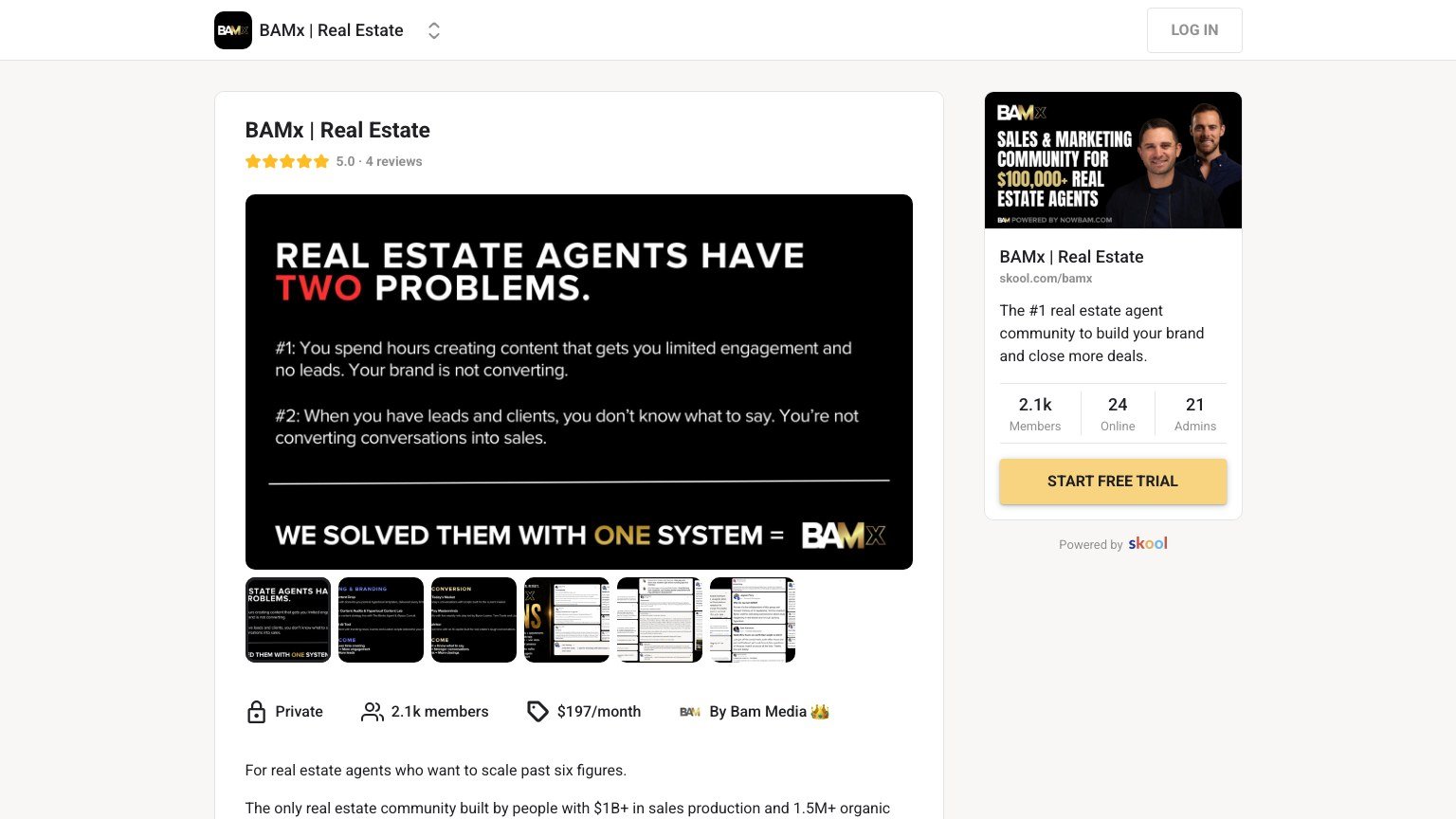 The BAMx About page on Skool showing the $197 monthly price beside a start free trial button