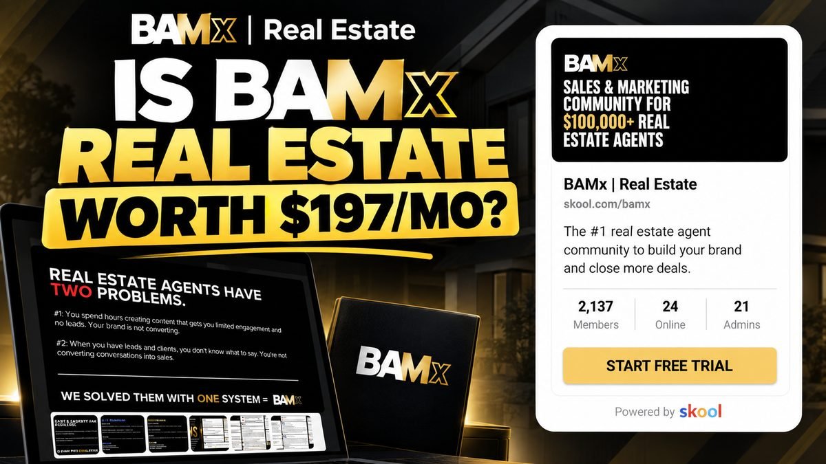 BAMx Real Estate Skool review 2026, Bam Media community listing showing the $197 per month price and a start free trial button