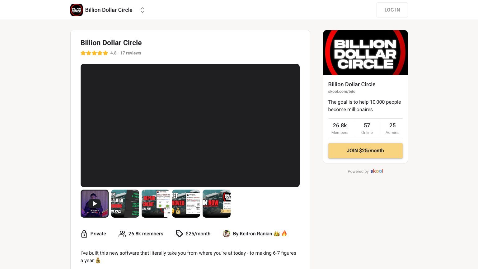The Billion Dollar Circle About page on Skool showing the $25 monthly price and the software and funding claims
