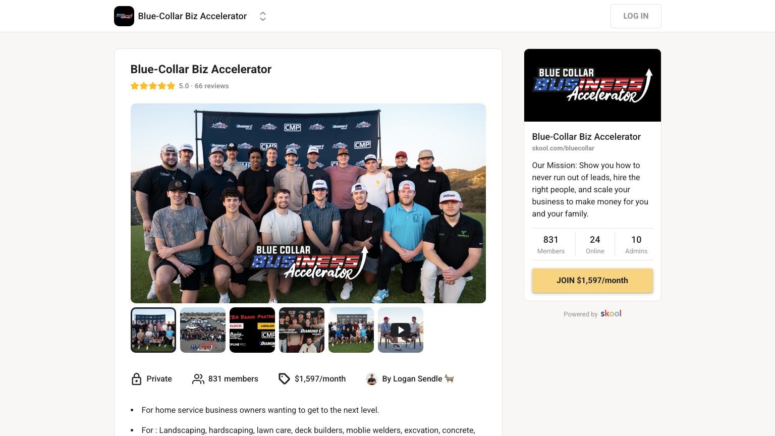 The Blue-Collar Biz Accelerator About page on Skool showing the $1,597 monthly price and 831 members