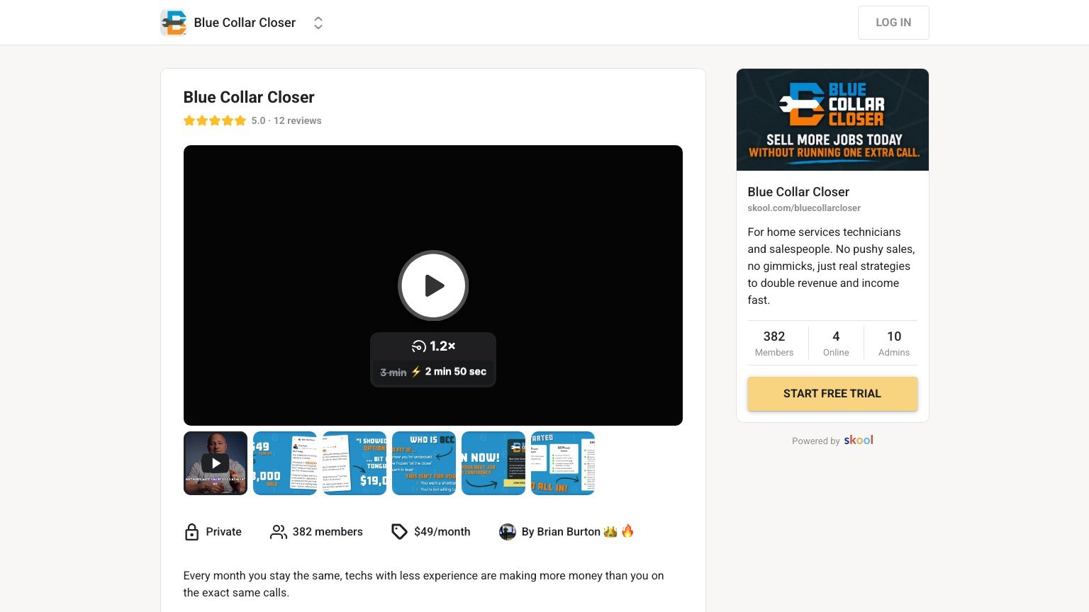 The Blue Collar Closer About page on Skool showing the free trial button and home services sales copy