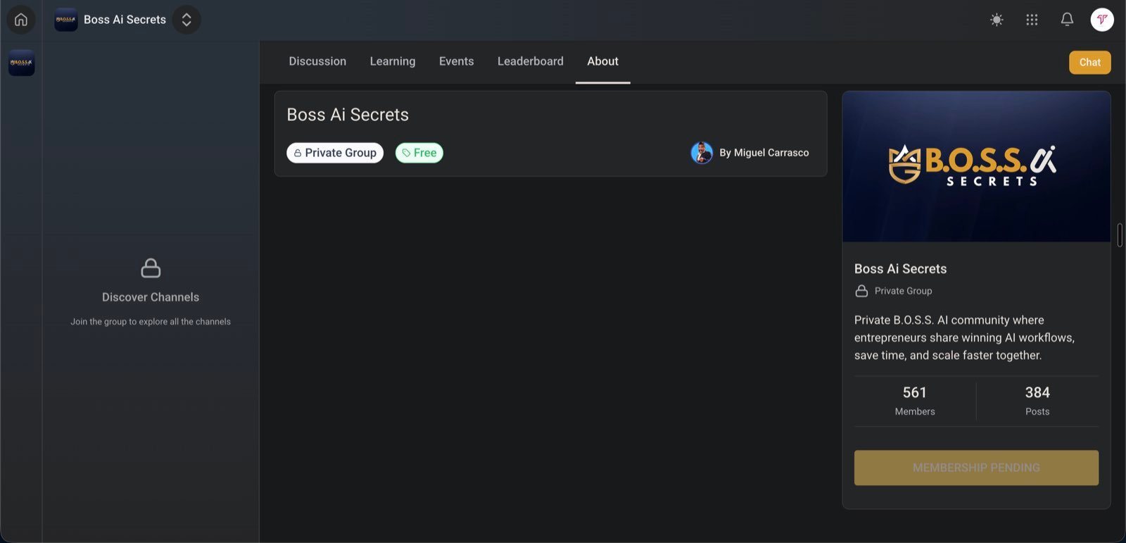 Boss Ai Secrets private community dashboard showing 561 members and 384 posts, hosted by Miguel Carrasco with a membership pending status