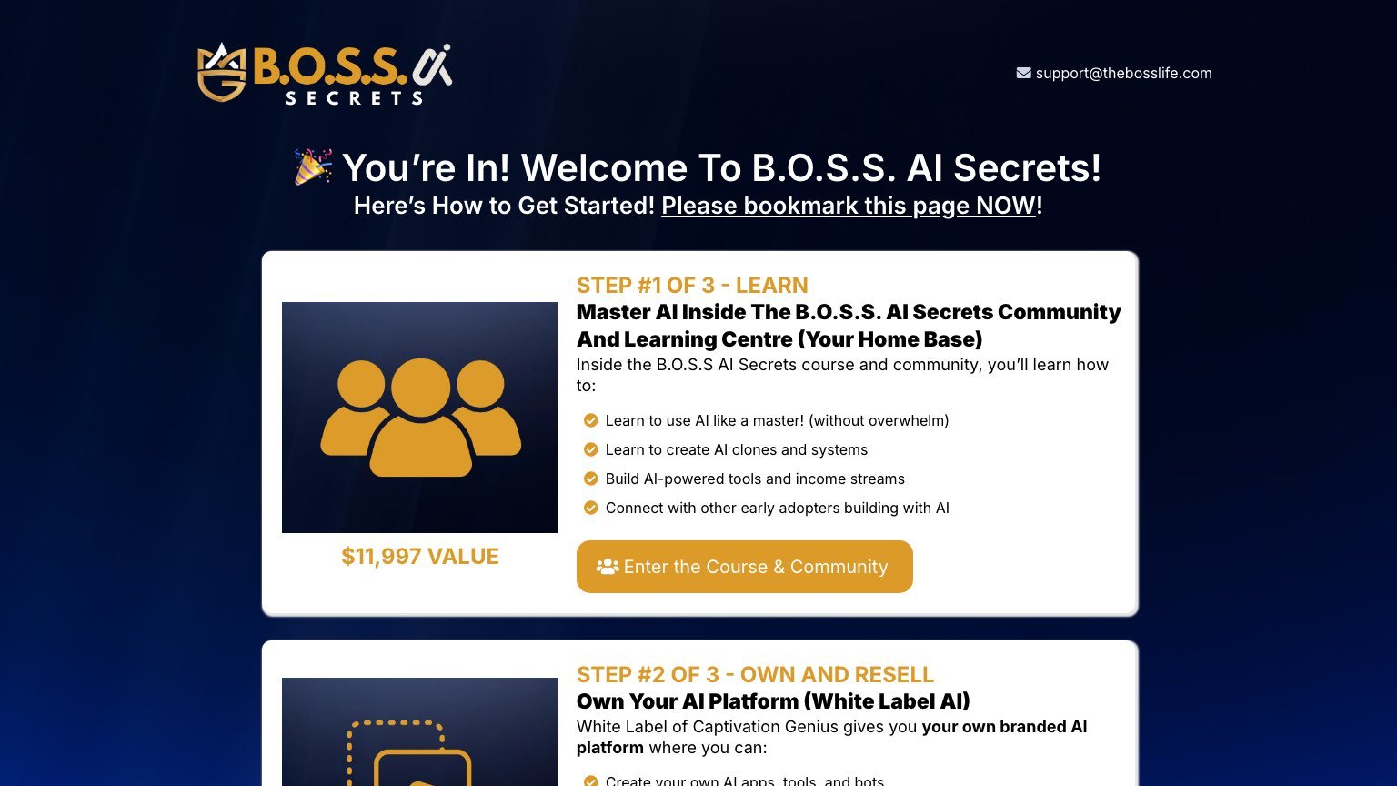 B.O.S.S. AI Secrets buyer welcome page showing the three-step value stack starting at $11,997
