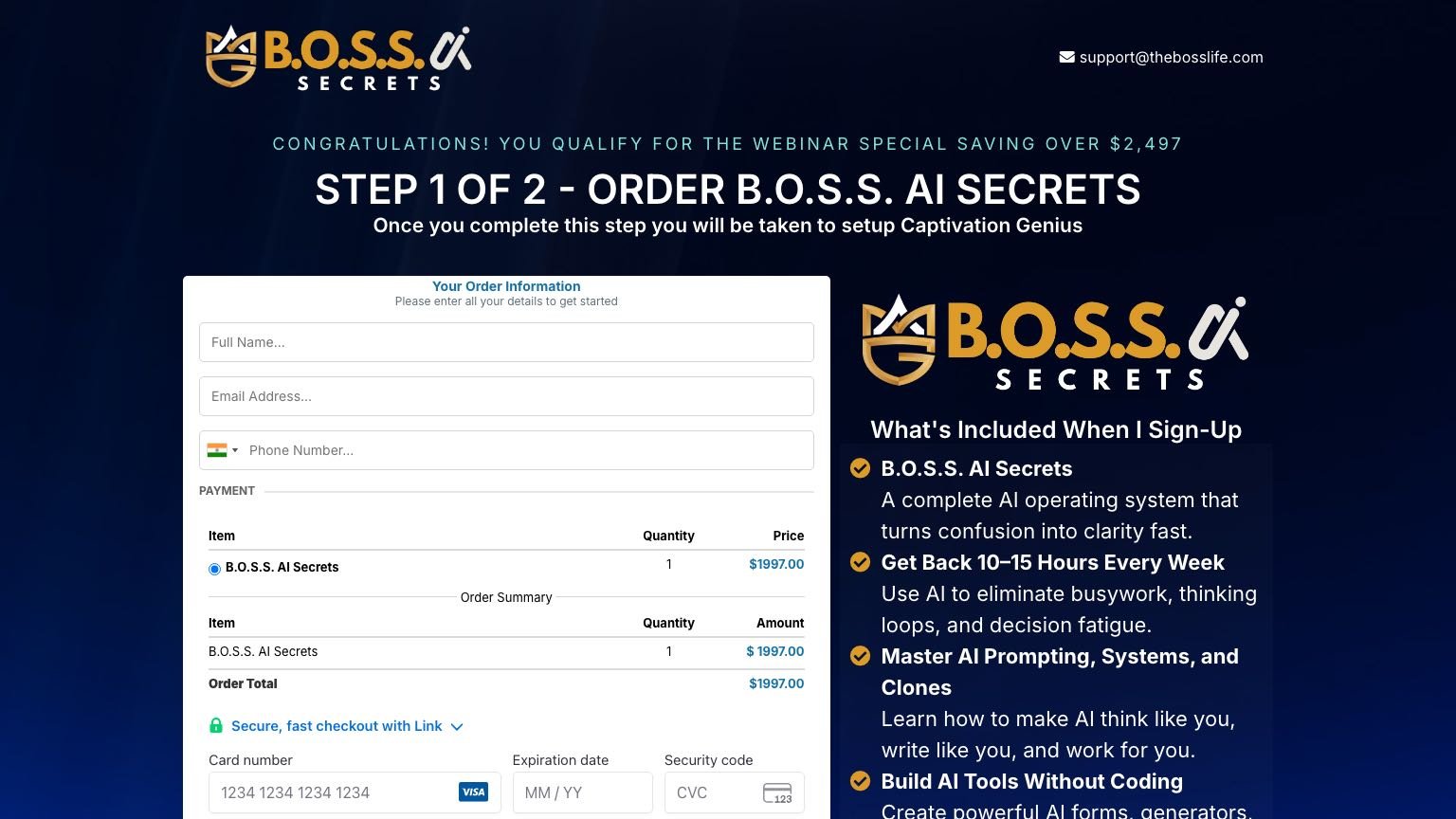 B.O.S.S. AI Secrets order page showing the $1,997 backend offer checkout