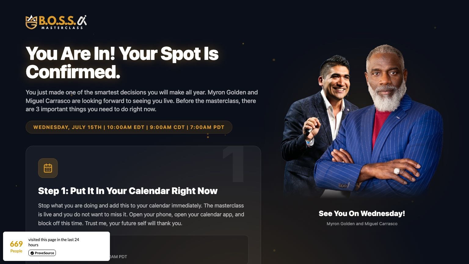 Boss AI Masterclass confirmation page showing the three steps after registration