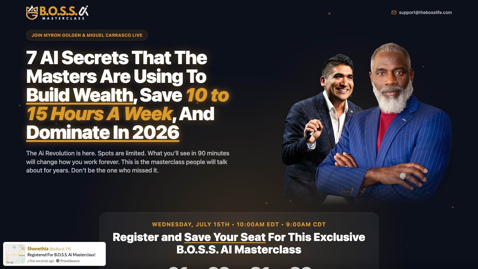 Boss AI Masterclass registration page with Myron Golden and Miguel Carrasco promoting 7 AI secrets