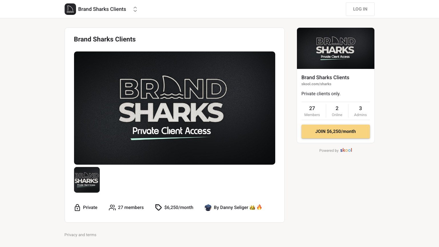 The Brand Sharks Clients About page on Skool showing the $6,250 monthly price and 27 members