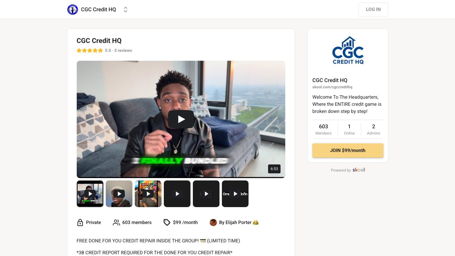 CGC Credit HQ About page on Skool showing the $99 join button and 603 members