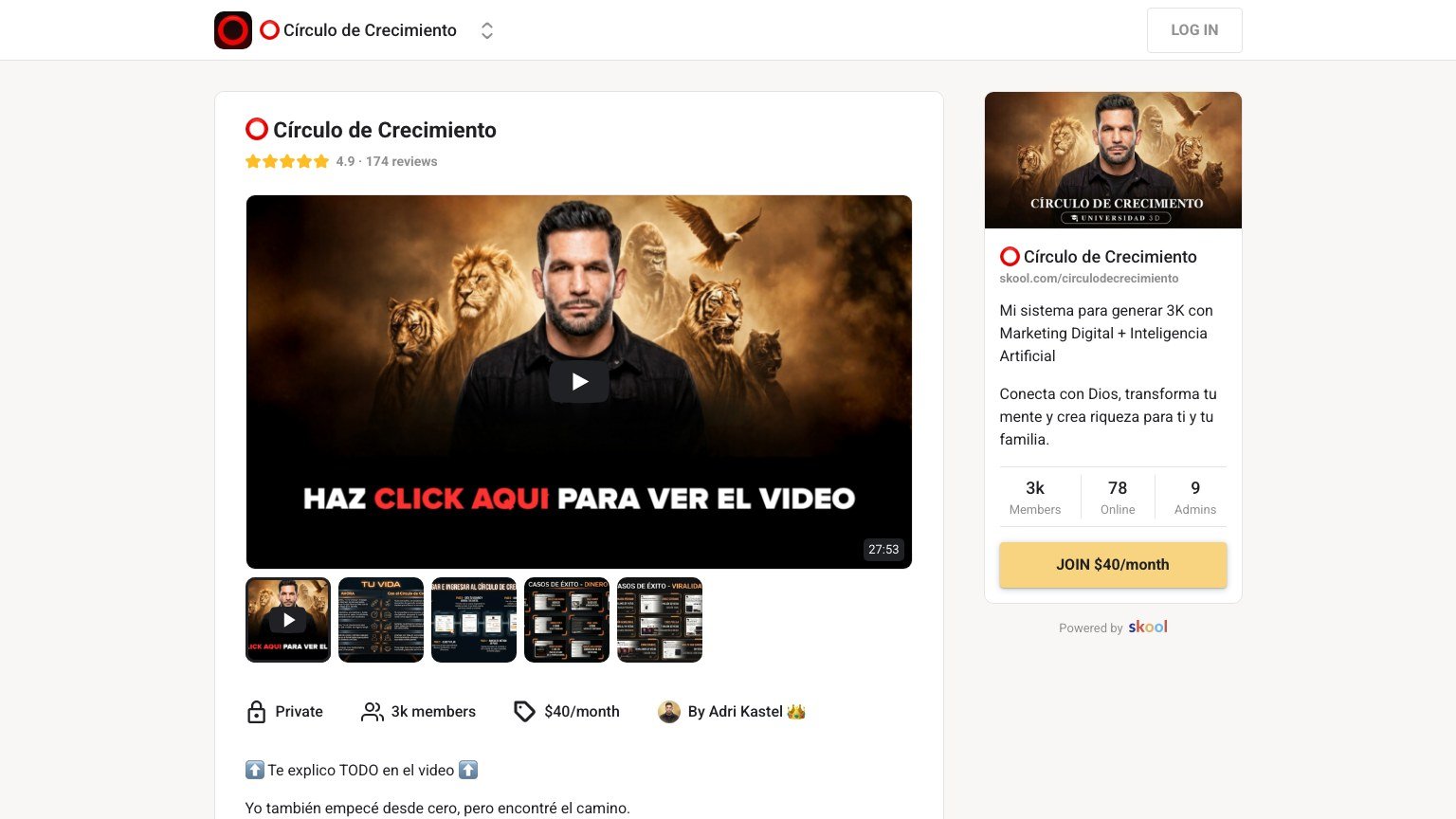 The Círculo de Crecimiento About page on Skool showing 3,052 members and the $40 per month join button