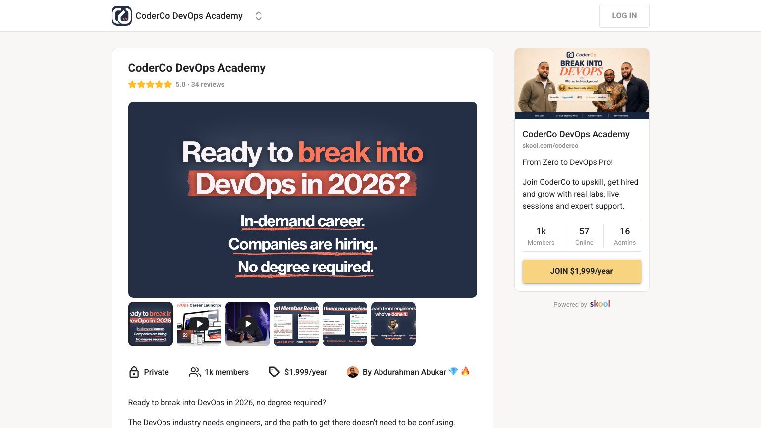 The CoderCo About page on Skool showing price, member count and founder
