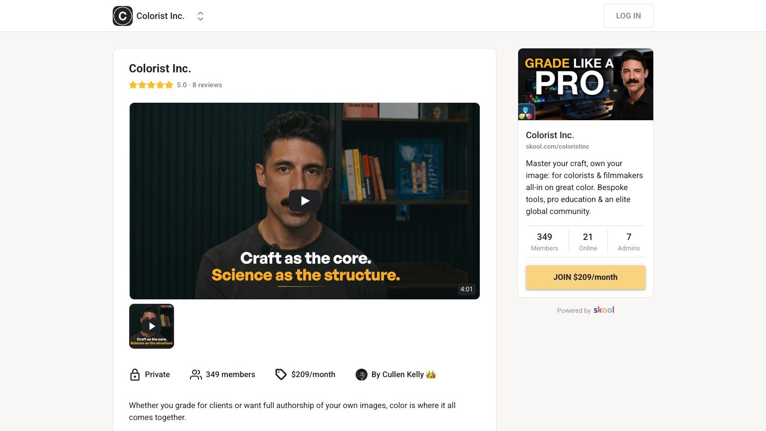 Colorist Inc. About page on Skool showing the $209 monthly price and 349 members