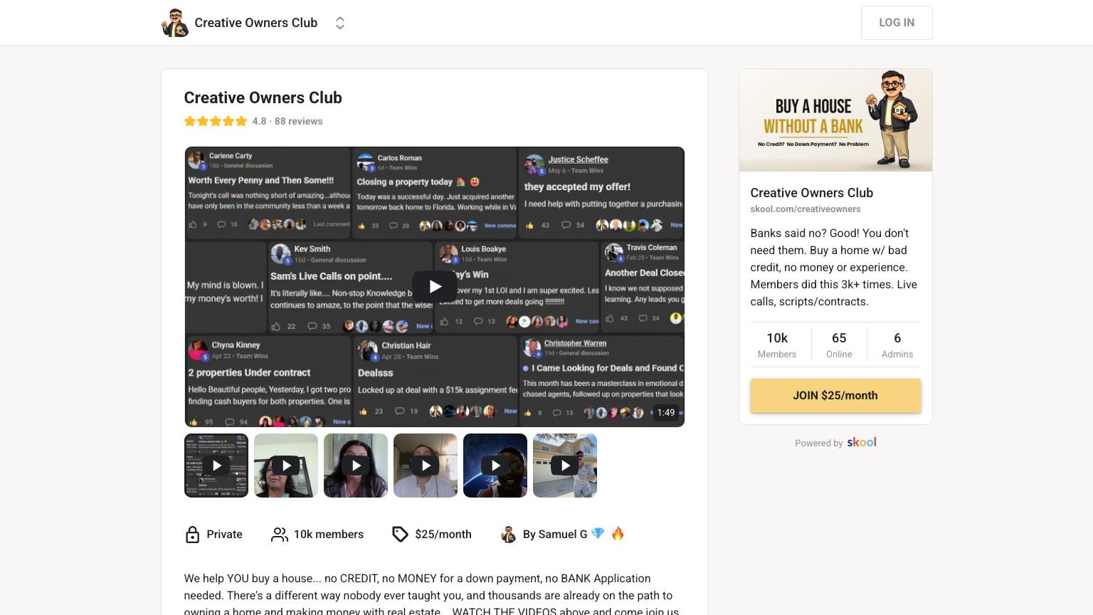 The Creative Owners Club About page on Skool showing the $25 monthly price and member count